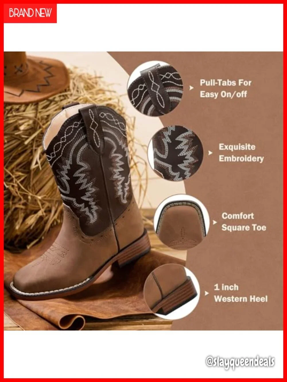 Kids Cowboy Boots Square Toe Western Pull Tabs Low Heel Calf High
